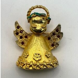 Mylu‎ Angel Brooch Gold Tone Red Rhinestone Wings Vintage Pin